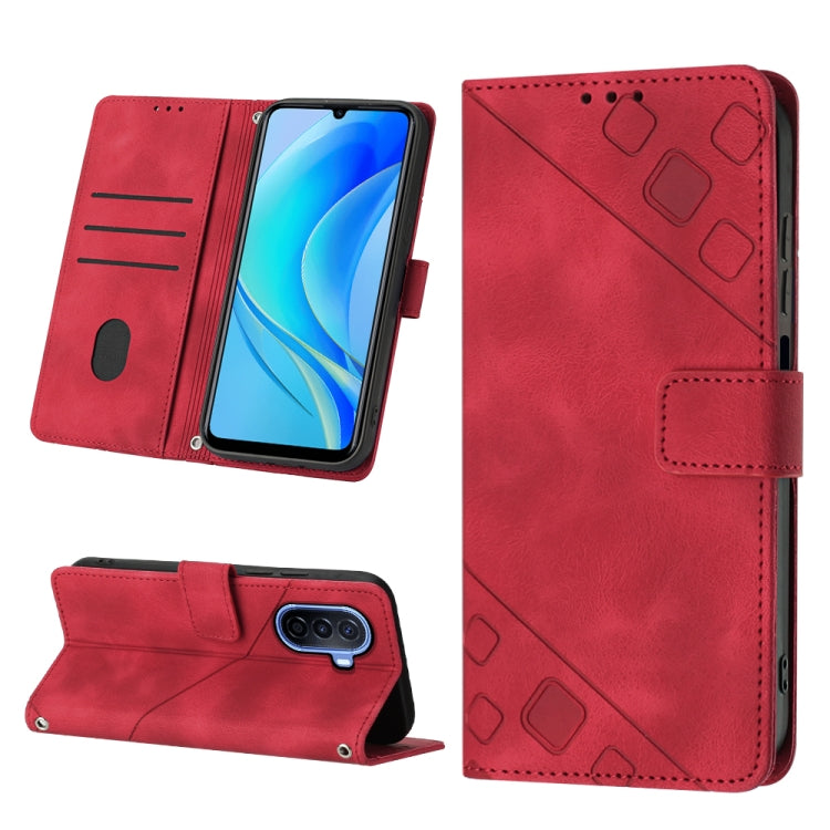 Embossed leather wallet phone case with stand, red, card slots and magnetic strap