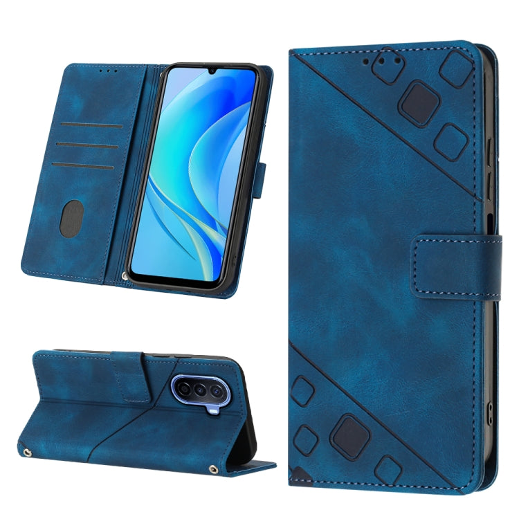 Embossed leather wallet phone case with stand, deep blue, card slots and magnetic strap