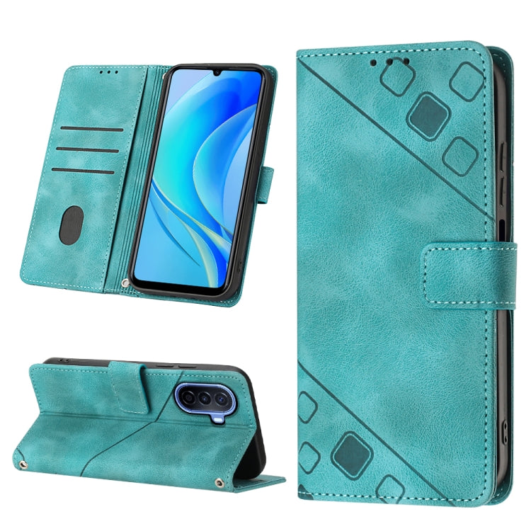Embossed leather wallet phone case with stand, turquoise, card slots and magnetic strap