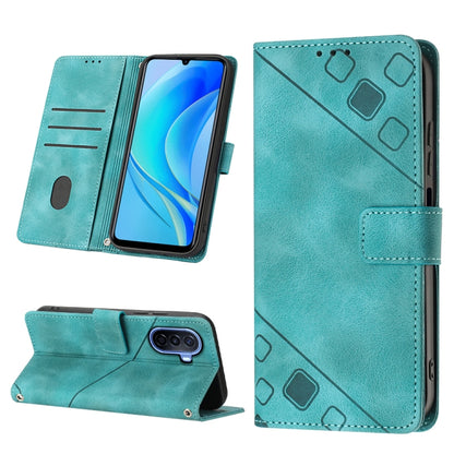 Embossed leather wallet phone case with stand, turquoise, card slots and magnetic strap