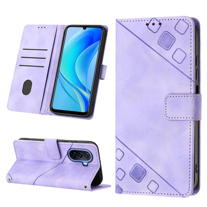 Embossed leather wallet phone case with stand, lavender, card slots and magnetic strap