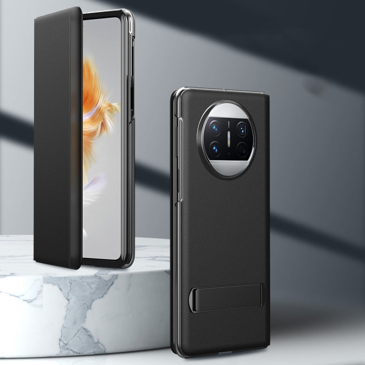 Black leather all-inclusive phone case for Huawei Mate X3 with holder and camera cutout