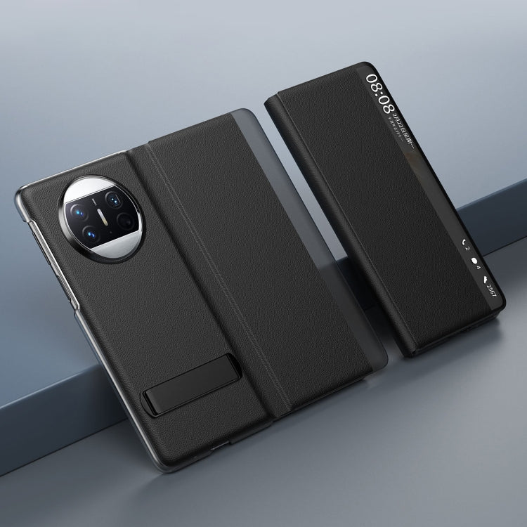 Black leather all-inclusive phone case with holder for Huawei Mate X3, stand visible
