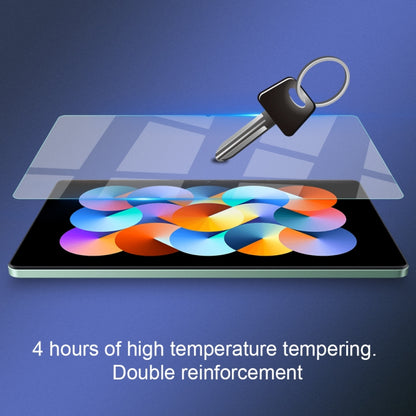Tempered glass screen protector film on tablet, with stylus and clear overlay