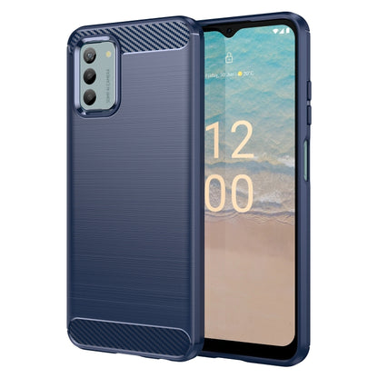 Blue brushed texture TPU phone case with carbon fiber accents and raised edges
