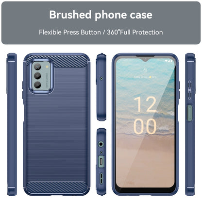Blue brushed texture TPU phone case, side buttons and camera cutout detail view