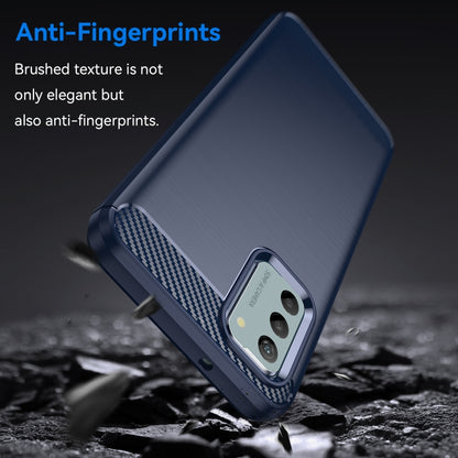 Blue brushed texture TPU phone case with anti-fingerprint finish, angled close-up