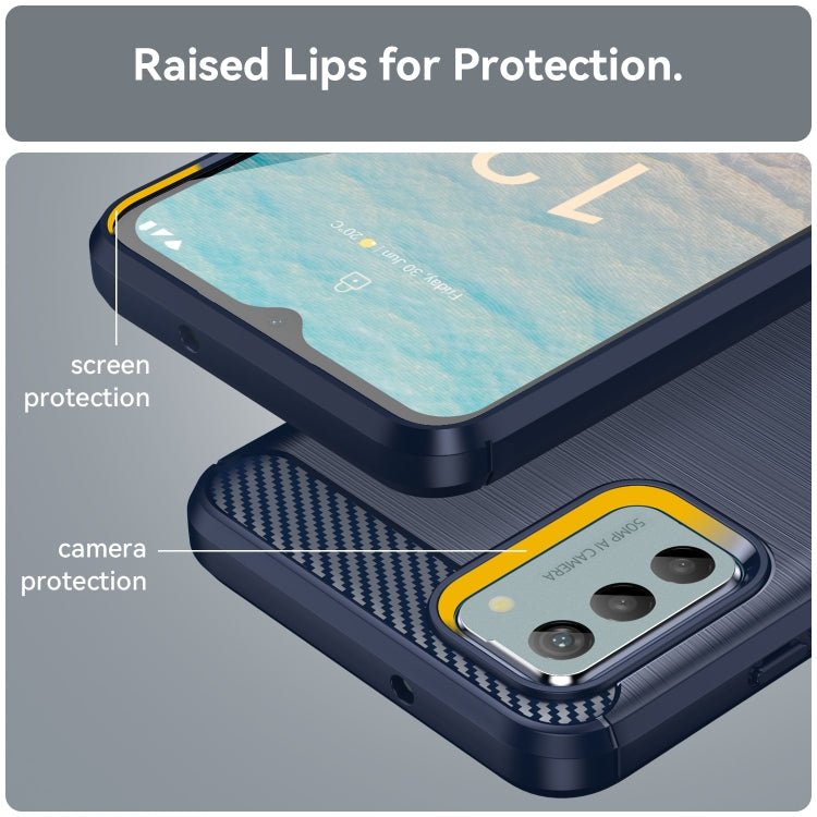 Blue brushed texture TPU phone case showing raised screen and camera lip protection