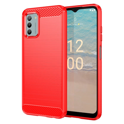 Red brushed texture TPU phone case with carbon fiber pattern and raised edges