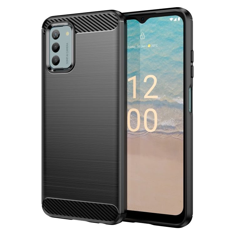 Black brushed texture TPU phone case with carbon fiber accents and camera cutout