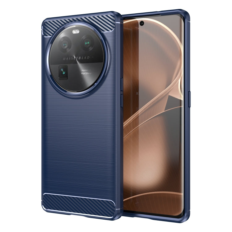 Blue brushed texture TPU phone case with large camera ring cutout, angled view