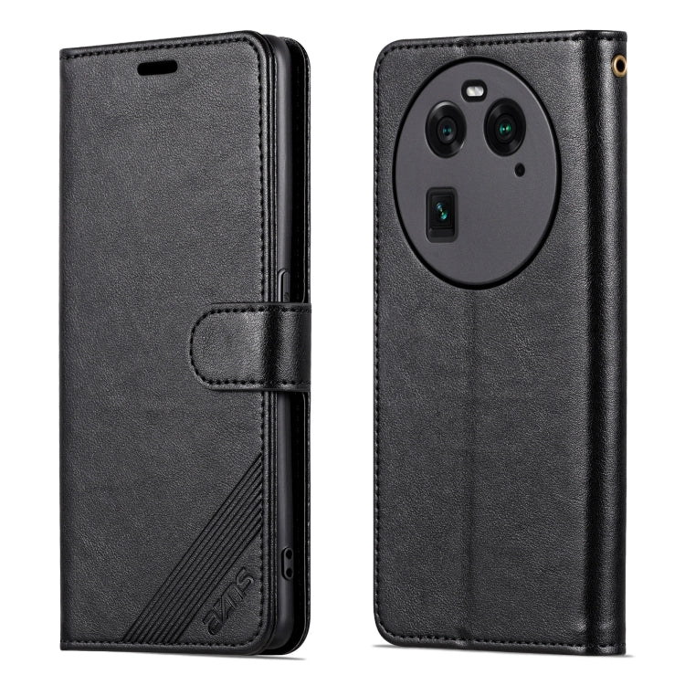 Black leather flip phone case, textured surface with magnetic front and camera cutouts.