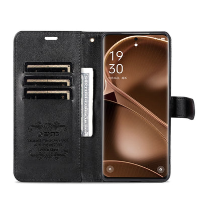 Black leather flip phone case opened view, showing card slots and front flap.