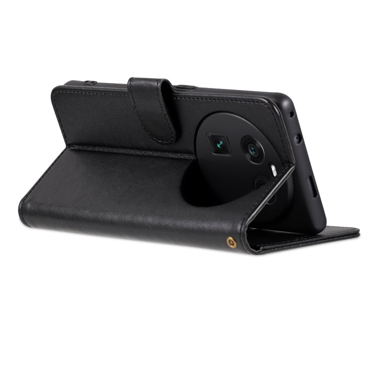 Black leather flip phone case, front cover folded up with stand angle support.