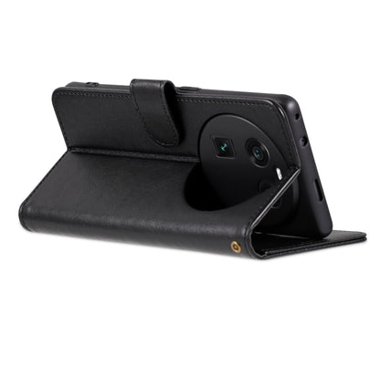 Black leather flip phone case, front cover folded up with stand angle support.