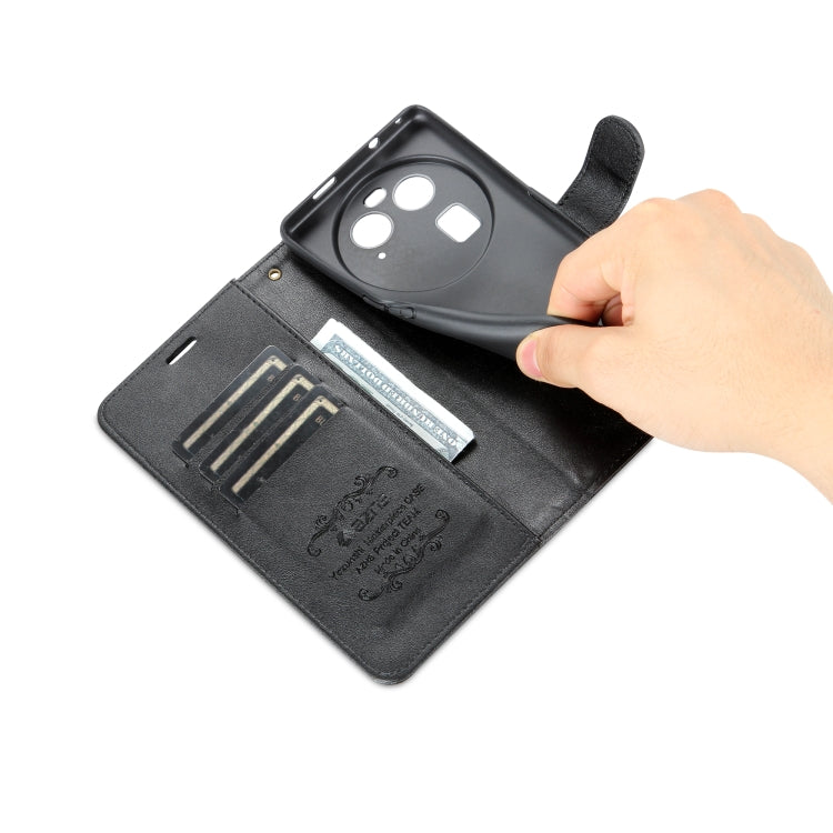 Black leather flip phone case with card slots; hand lifting the front cover strap.