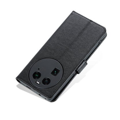 Black leather flip phone case with textured finish and precise camera opening.
