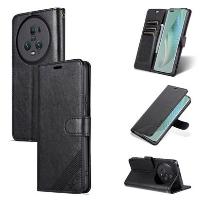Black flip leather phone case with stitched folio cover and kickstand for viewing