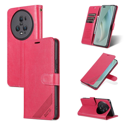 Red flip leather phone case with card pocket, magnetic strap, and stand