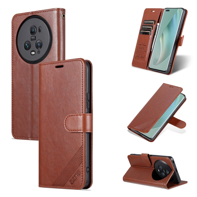 Brown flip leather phone case with magnetic flap and viewing stand