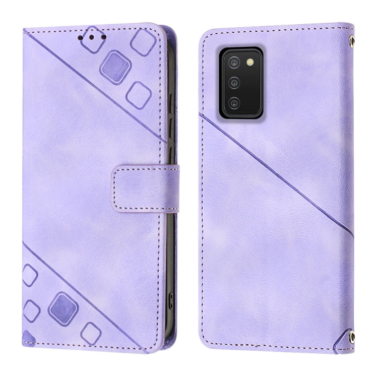 Light purple folio phone case with embossed pattern and cutouts; top camera opening