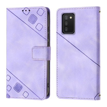 Light purple folio phone case with embossed pattern and cutouts; top camera opening