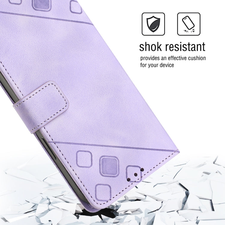 Light purple embossed leather-style phone case with corner protection and buckle tab