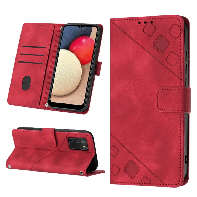 Red embossed leather-style folio phone case with card slots and side strap