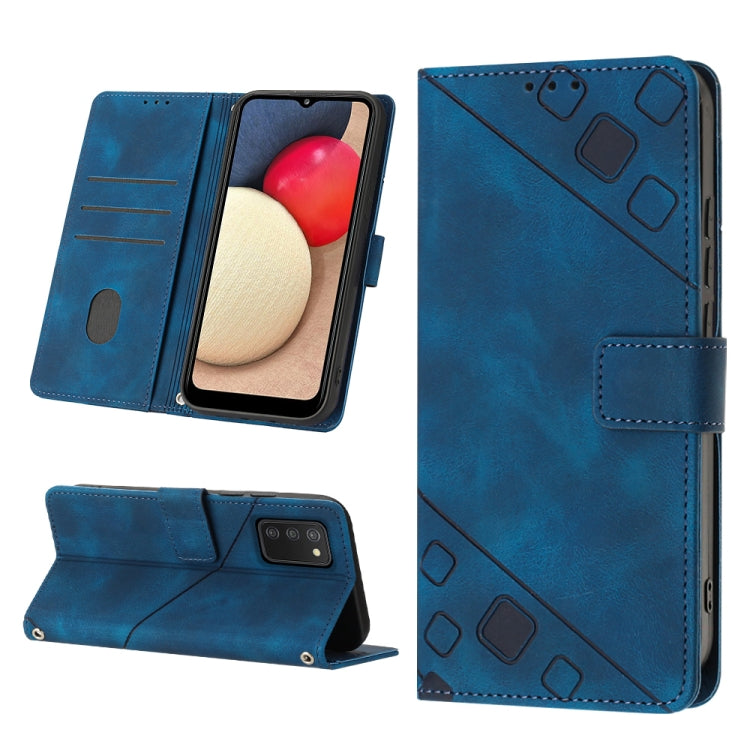 Blue embossed leather phone wallet case with flip cover and stand