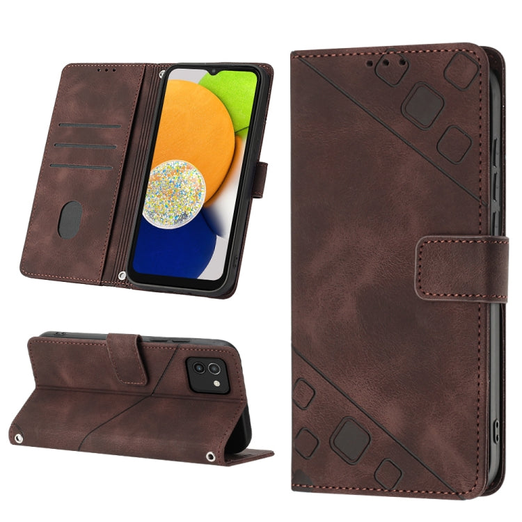 Brown embossed leather phone case folio with card slots and stand, magnetic strap