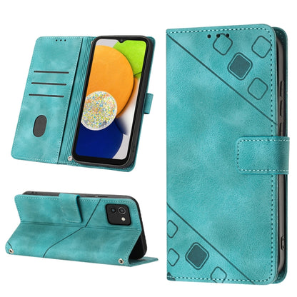 Teal embossed leather phone case folio with card slots and stand, magnetic strap