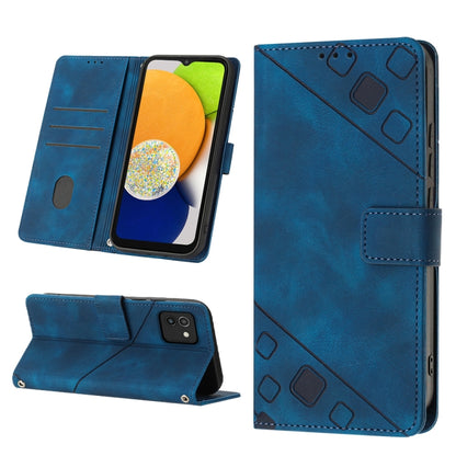 Blue embossed leather phone case folio with card slots and stand, magnetic strap