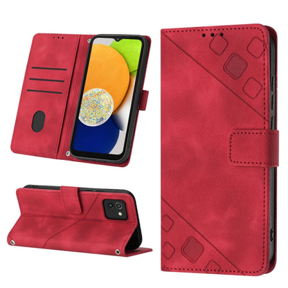 Red embossed leather wallet phone case with folio cover, card slots, and stand