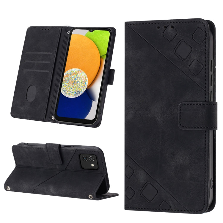 Black embossed leather wallet phone case with folio cover, card slots, and stand