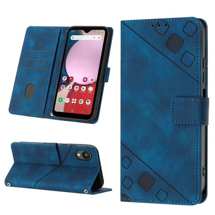 Blue embossed leather folio phone case with card slot and viewing stand