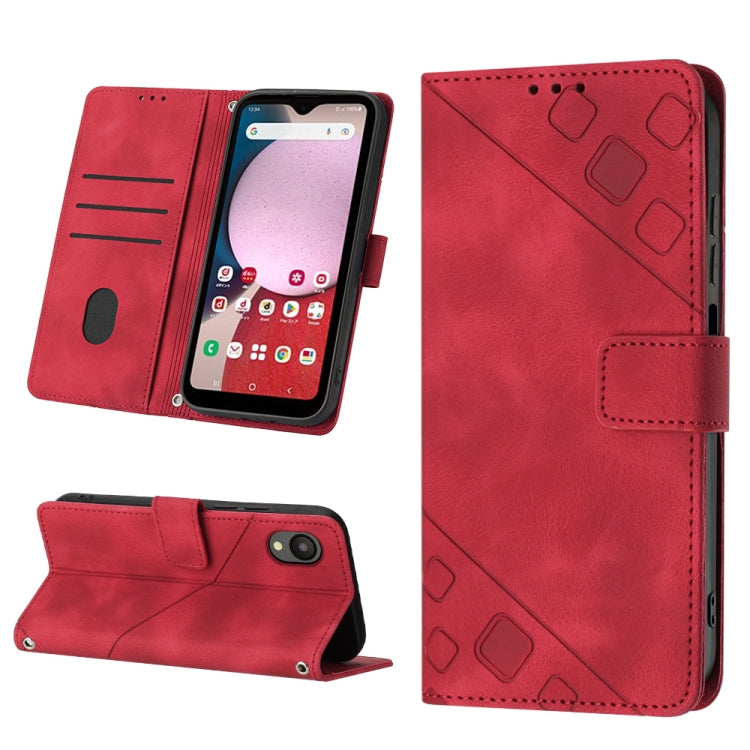 Red embossed leather folio phone case with card slot and kickstand