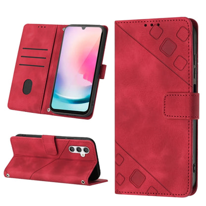 Red embossed leather wallet-style phone case with card slot and kickstand