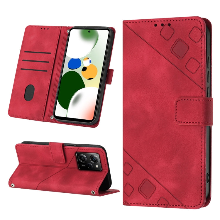 Red embossed leather wallet phone case with magnetic flip cover and card slots.
