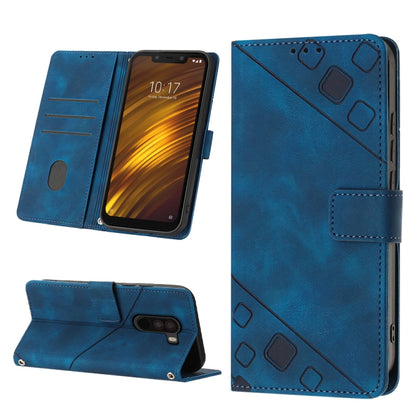 Blue embossed leather wallet phone case with magnetic flip cover and card slots.
