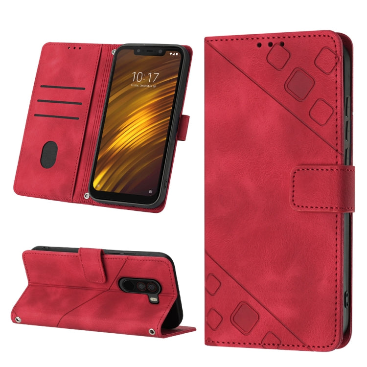 Red embossed leather wallet phone case with magnetic flip cover and stand support.