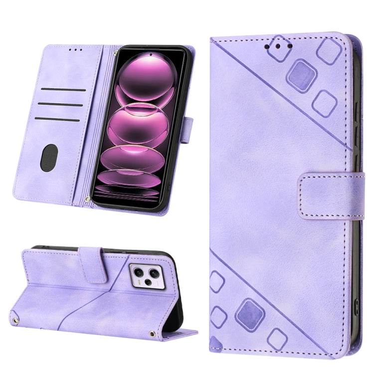 Light purple embossed leather wallet phone case with magnetic flip cover and stand support.