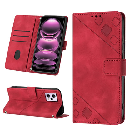 Red embossed leather flip phone case with card slots and side strap