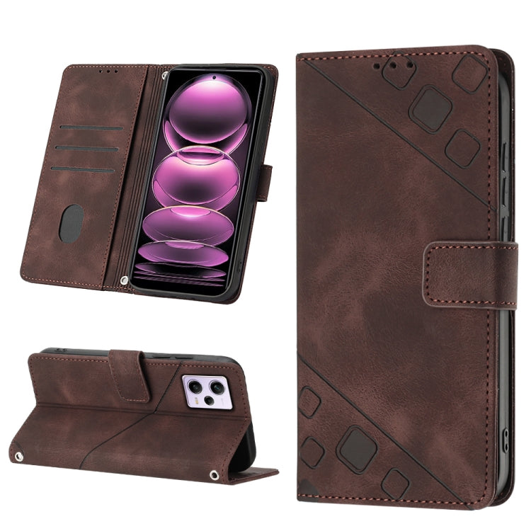 Brown embossed leather flip phone case with card slots and side strap