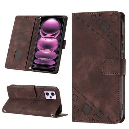 Brown embossed leather flip phone case with card slots and side strap