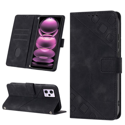Black embossed leather flip phone case with card slots and side strap