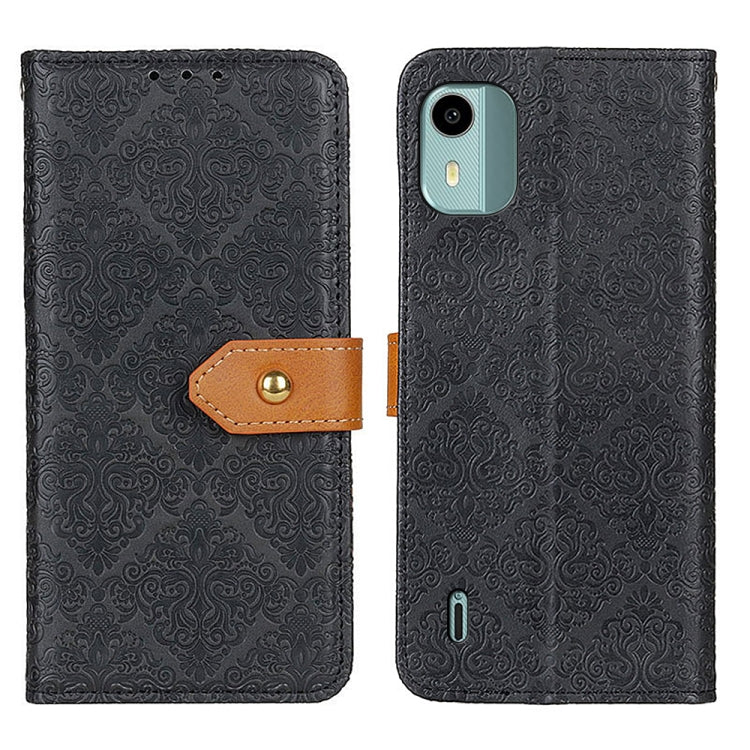 Dark embossed floral flip phone case with brown magnetic strap