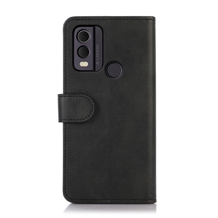 Black cow-texture leather phone case with camera cutout and wrist strap, Nokia C22 4G