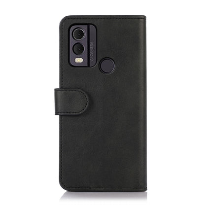 Black cow-texture leather phone case with camera cutout and wrist strap, Nokia C22 4G