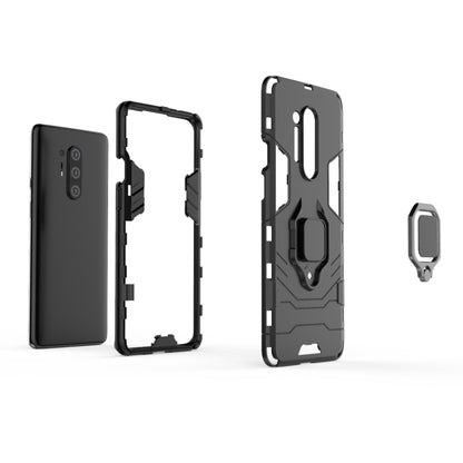 Black rugged phone case shell and kickstand ring holder, shown open and back