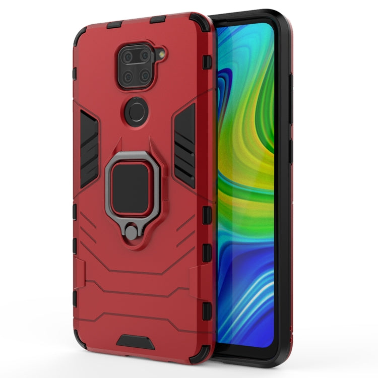 Red rugged phone case with ring holder; front shows colorful screen
